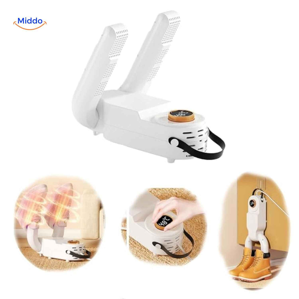 Portable shoe dryer with multifunctional capabilities.