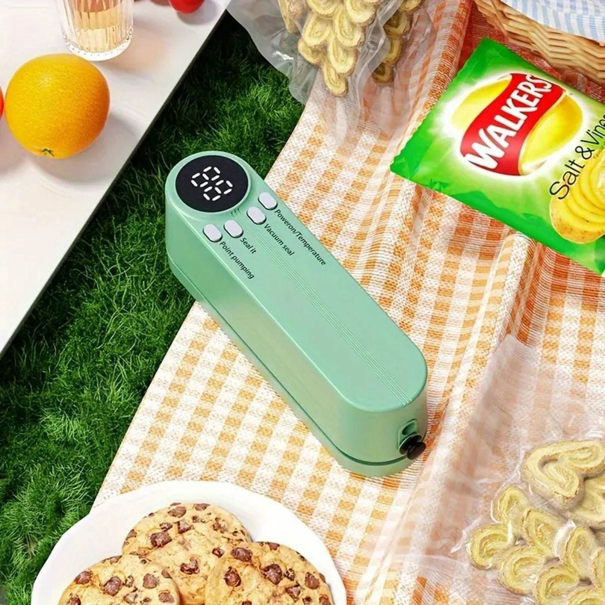 Compact portable vacuum sealer perfect for picnics and outdoor snacks.