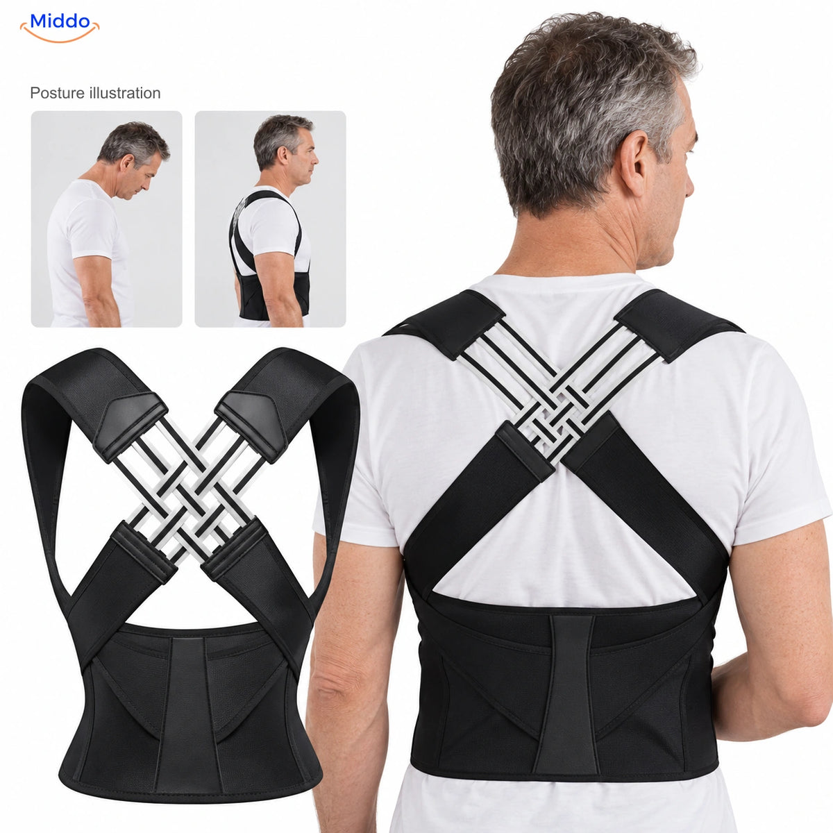Black — Postura back support with a 50-year-old model and posture illustration