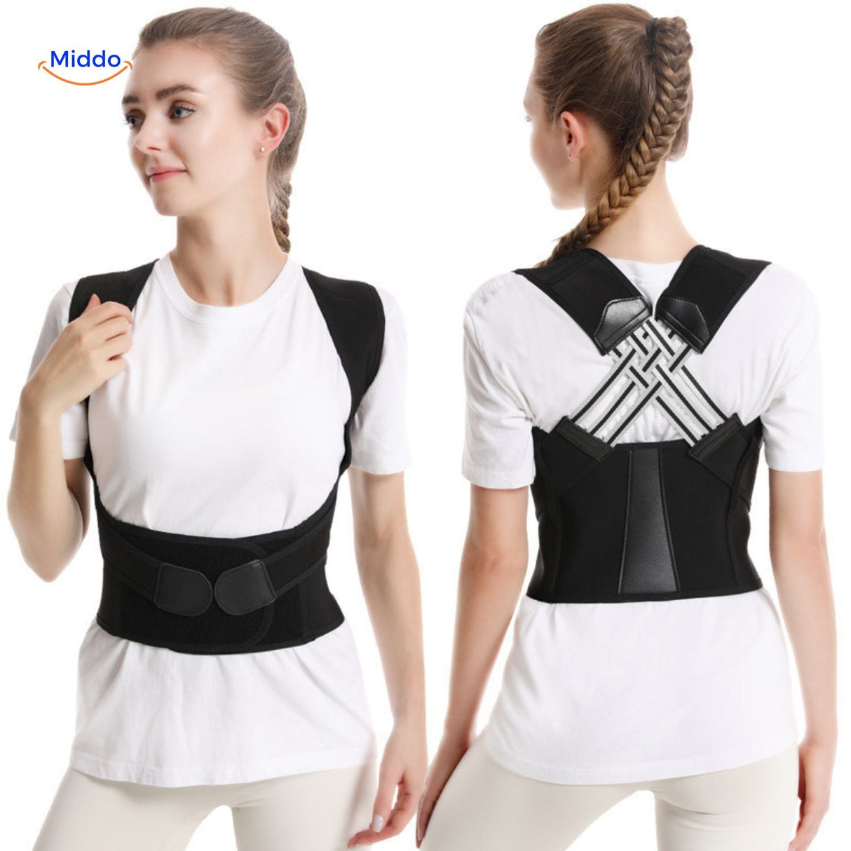 Posture corrector shown from both front and back angles to display full coverage and strap design.