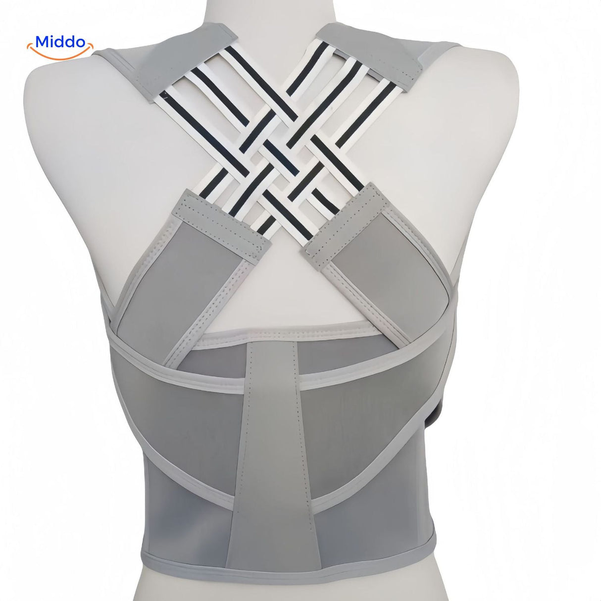 Posture corrector in grey color option, displaying the clean design and comfortable fabric construction.