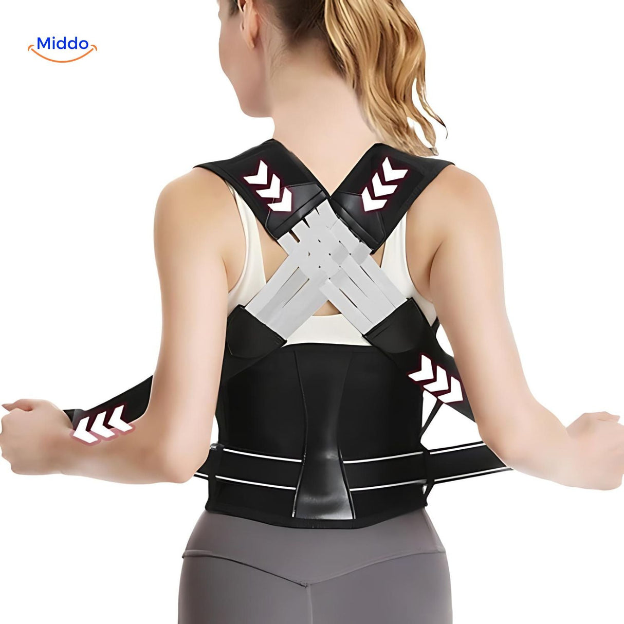 Woman wearing posture corrector in a lifestyle setting, showcasing comfortable all-day back support.