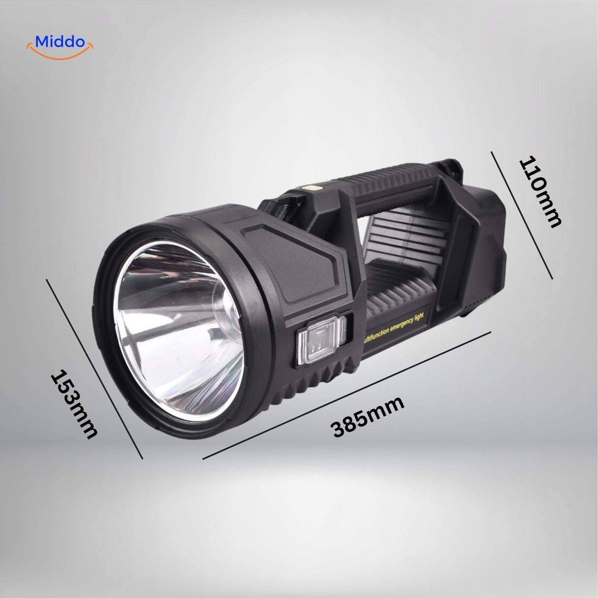 PowerBeam LED searchlight with compact ergonomic design and detailed dimensions shown.