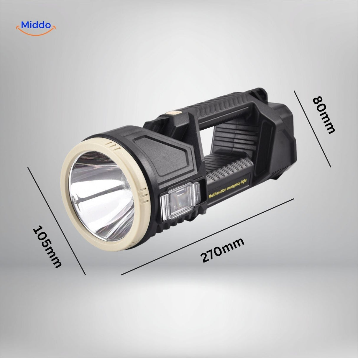 PowerBeam searchlight with solar panel for extended operation and eco-friendly charging.