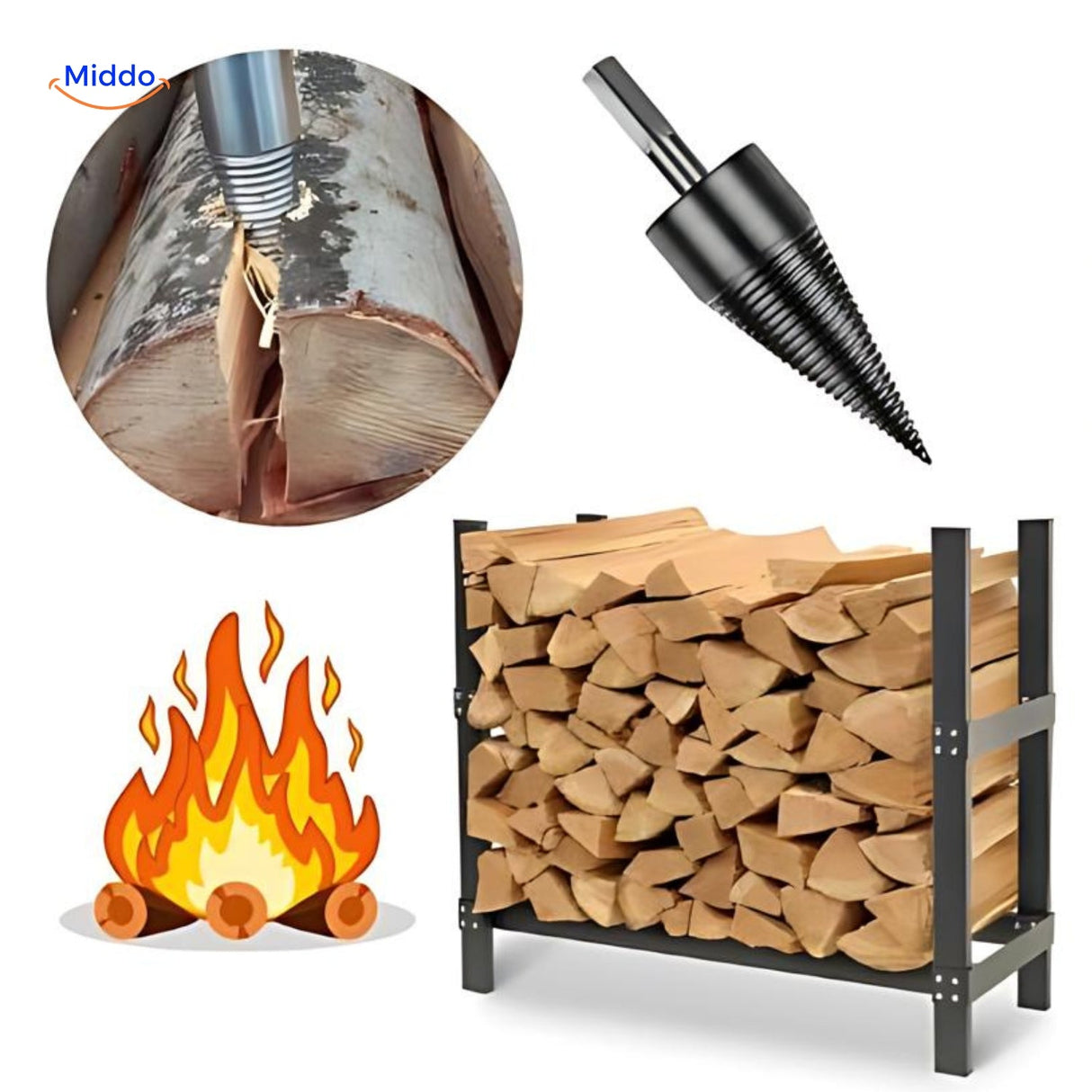 Wood splitting drill bit in action, splitting logs efficiently for firewood preparation.