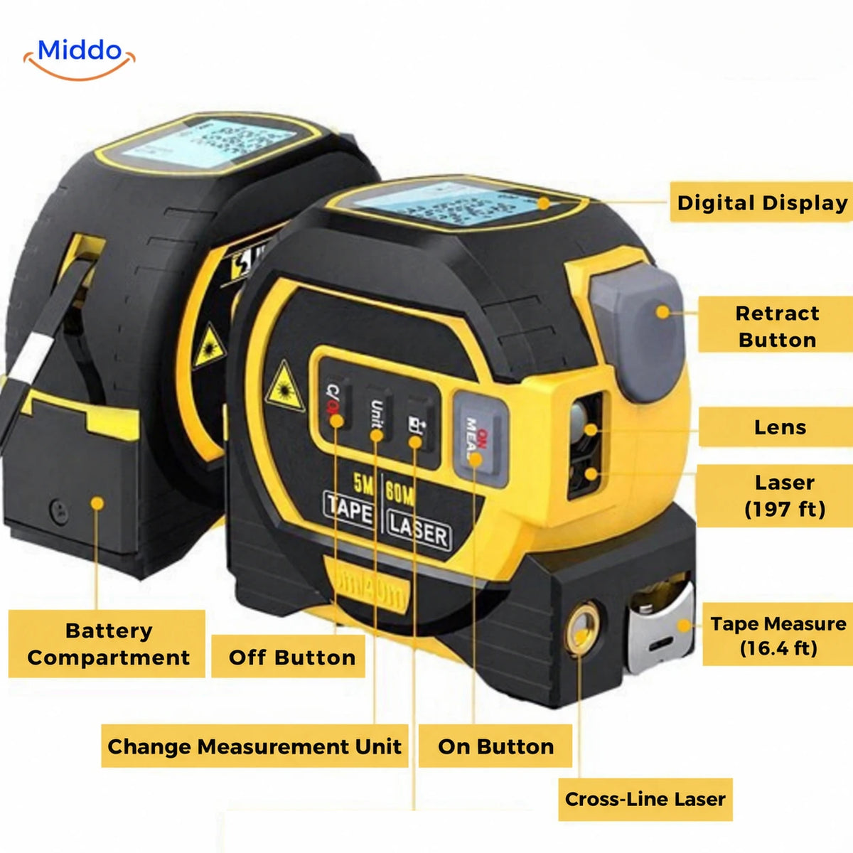 ProMeasure controls and features with 197 ft laser and 16.4 ft tape
