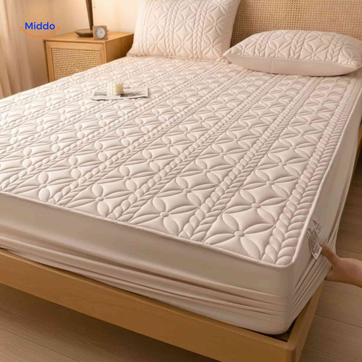 Easy-to-install mattress protector with stretchy elastic corners for quick setup.