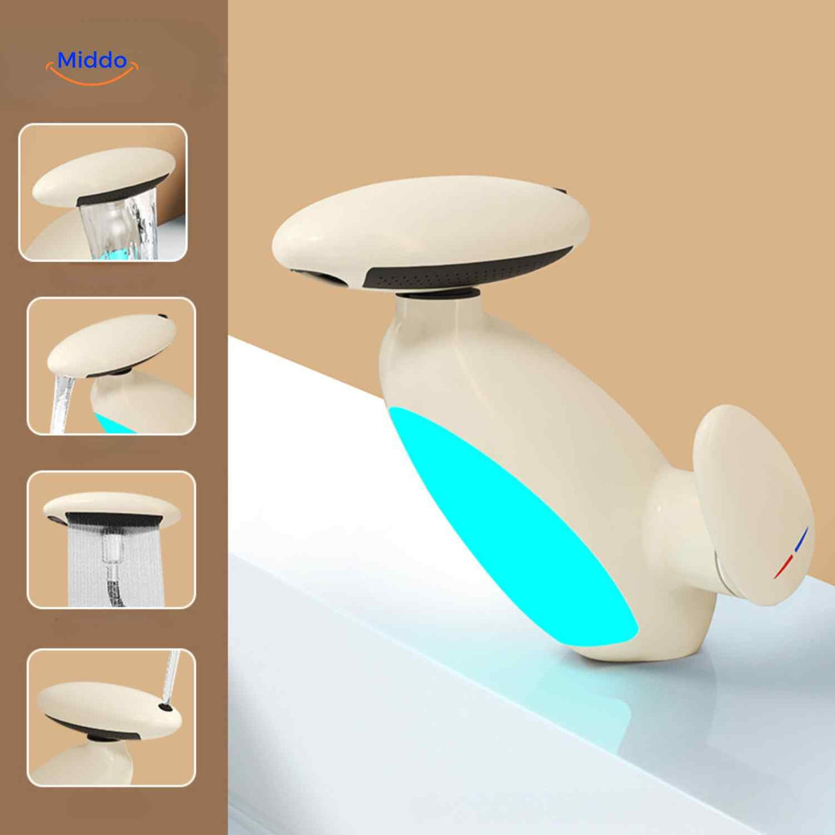 Pull-out LED bathroom faucet in beige finish with retractable spray head.