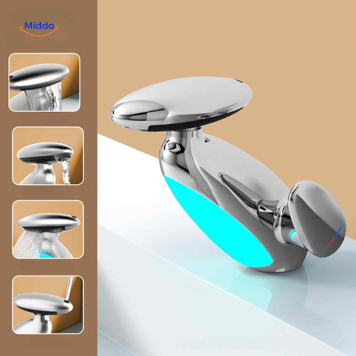 Pull-out LED bathroom faucet in chrome finish with swivel spout and mood lighting.