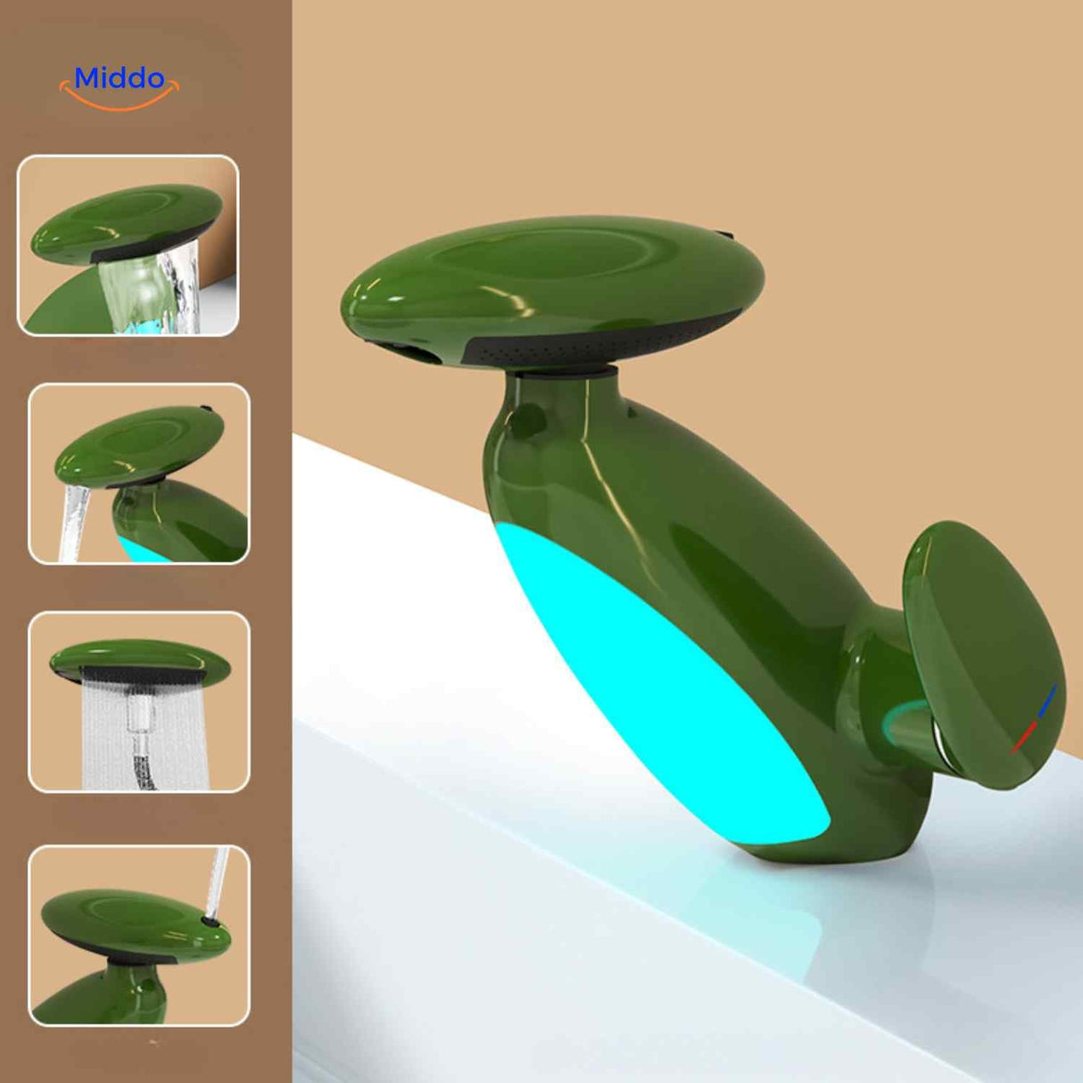 Pull-out LED bathroom faucet in green finish with retractable spray head.