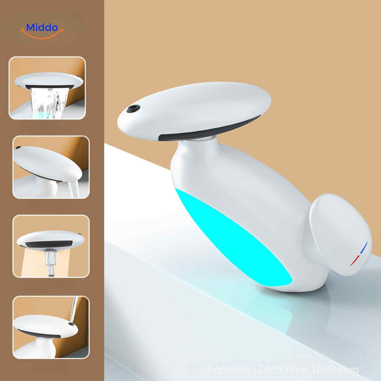 Pull-out LED bathroom faucet in white finish with retractable spray head.