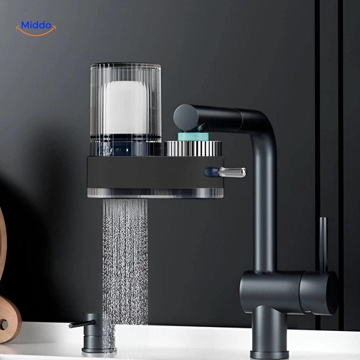 PureFlow faucet in blue highlighting the water filtration process.