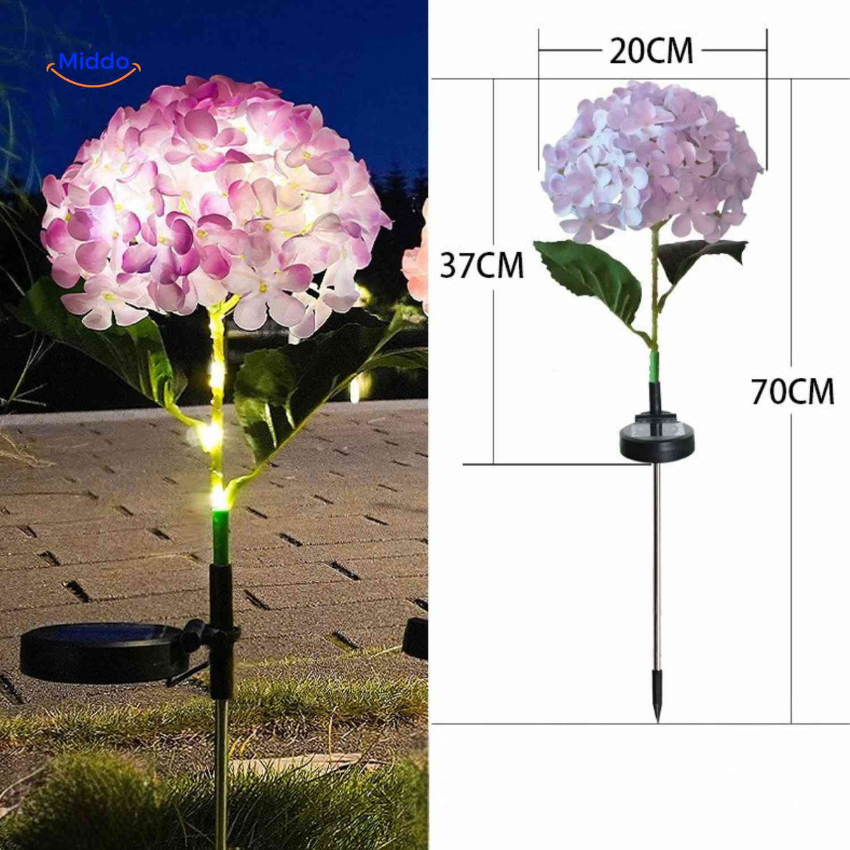 Purple hydrangea solar lantern measuring 70cm for elegant garden lighting display.