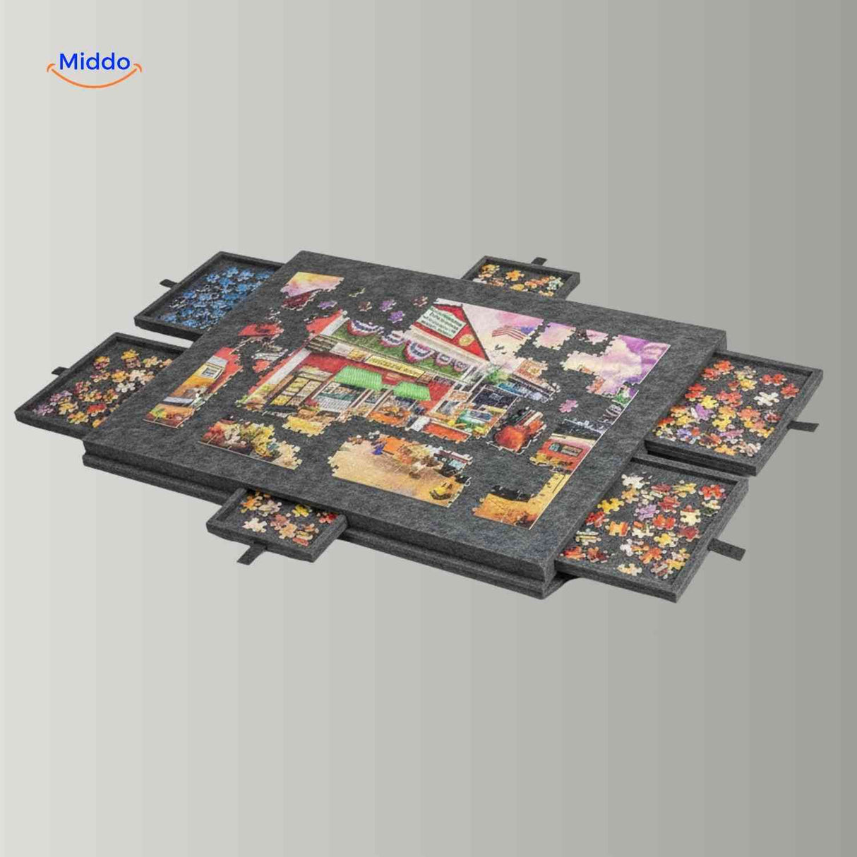 Foldable puzzle board with built-in storage system for space-saving storage.