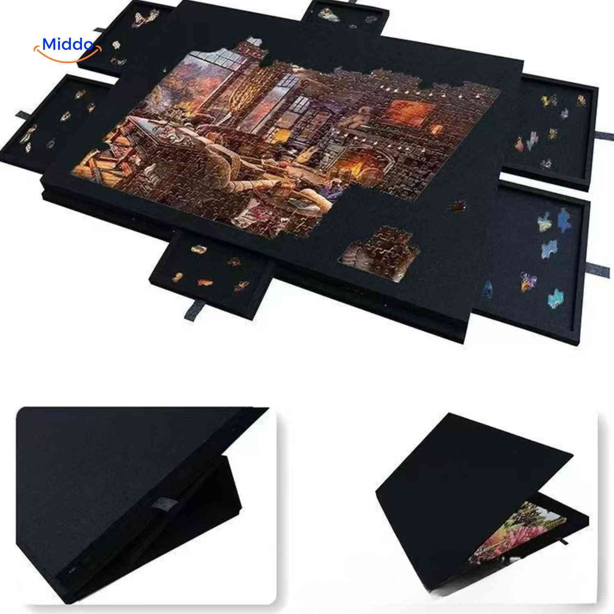 Puzzle board with sliding drawers and removable cover plate for dust protection.