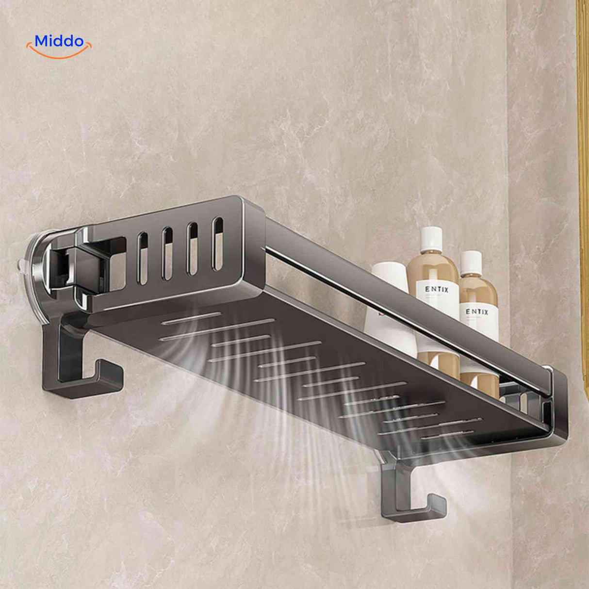Quick-drying stainless steel shelf with bottle rack and towel hooks.