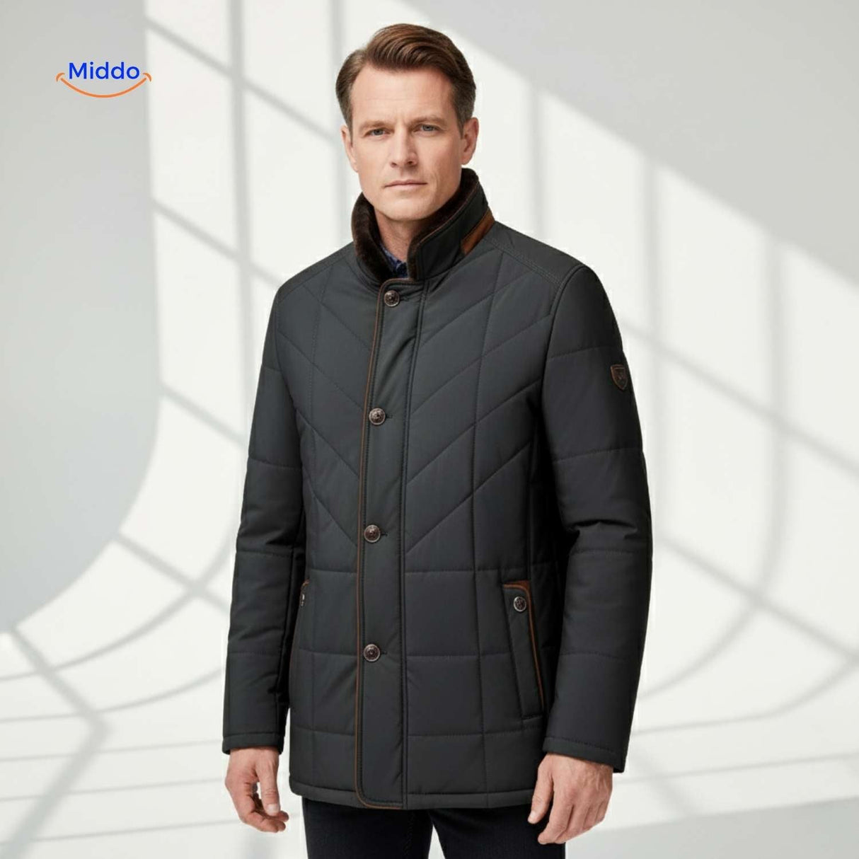 Black quilted jacket with visible pockets and button closures.