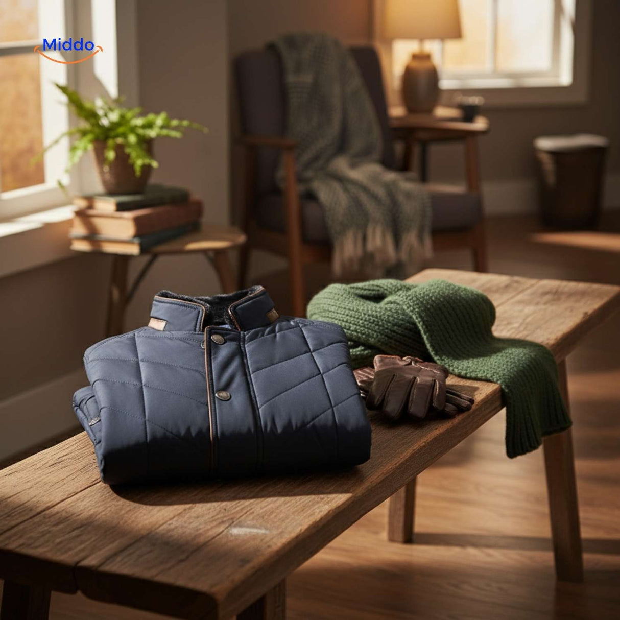 Folded quilted jacket displayed with scarf and gloves on table.