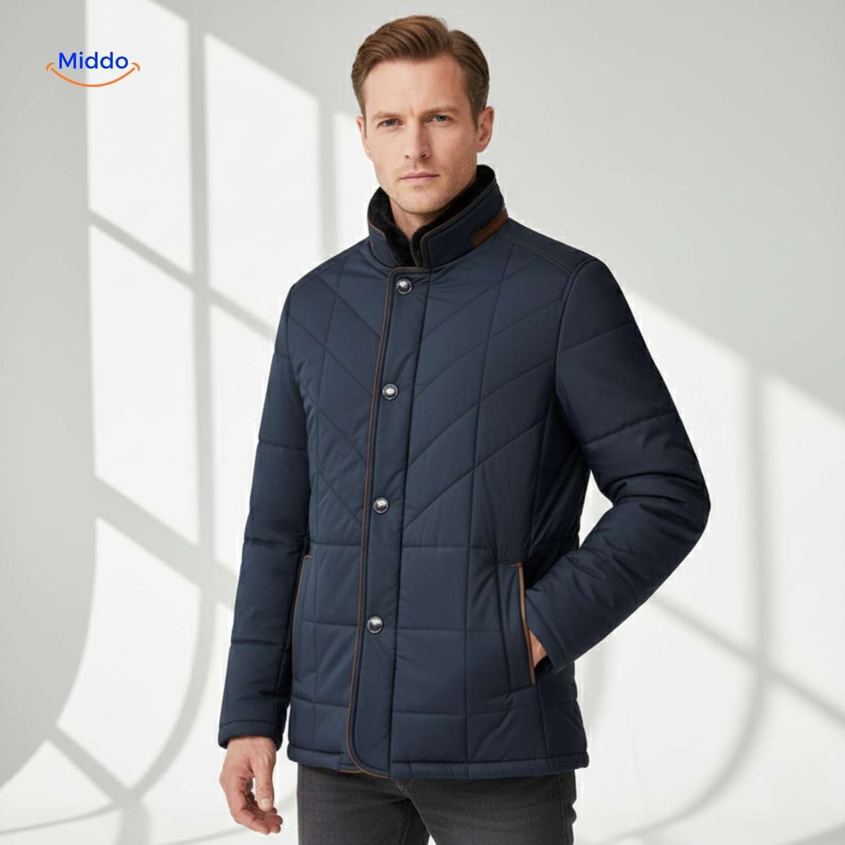 Men's quilted jacket in dark blue with stand-up collar and light background.
