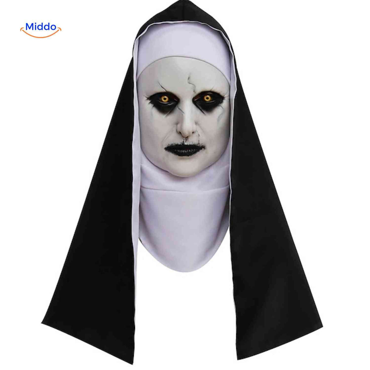 Realistic latex horror nun mask with authentic scary appearance.