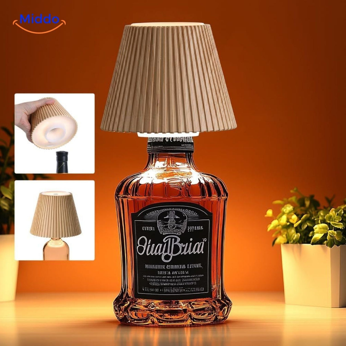 Rechargeable LED bottle lamp with dimmable ambient lighting for tables.