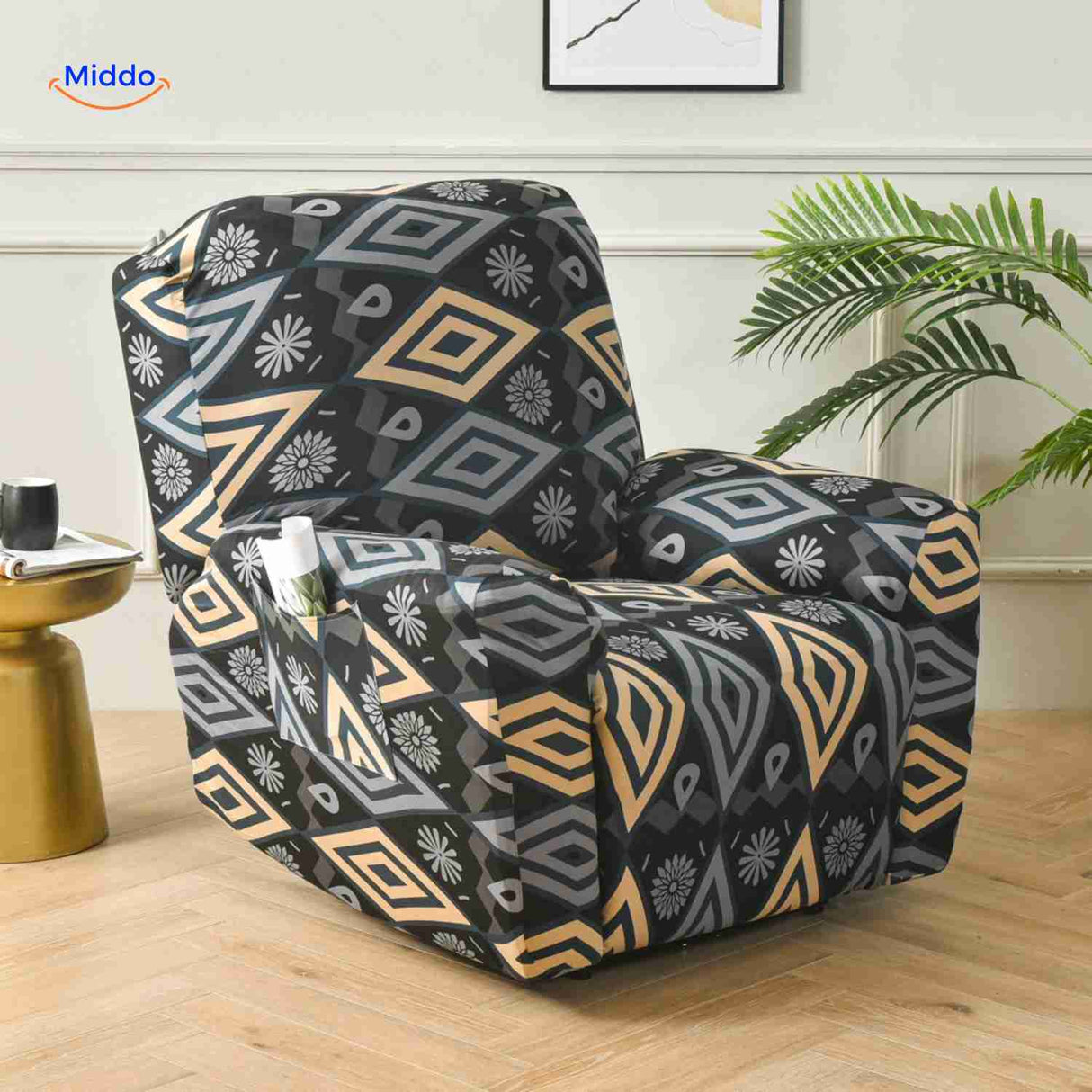 Reclinex recliner cover in black with modern geometric pattern design.