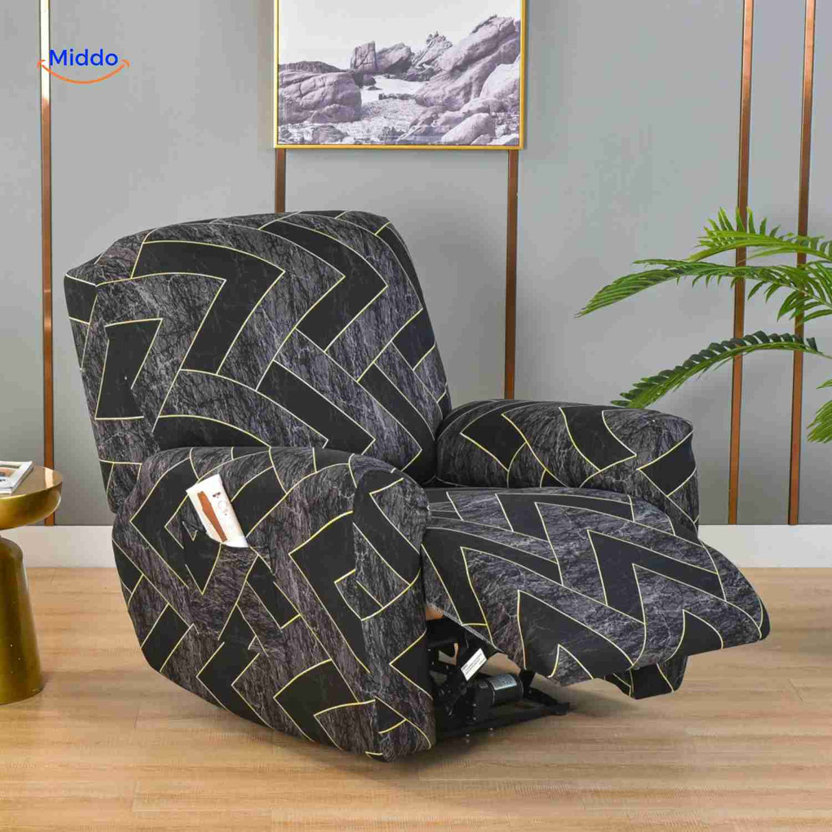 Reclinex recliner cover in black with gold chevron stripe luxury design.