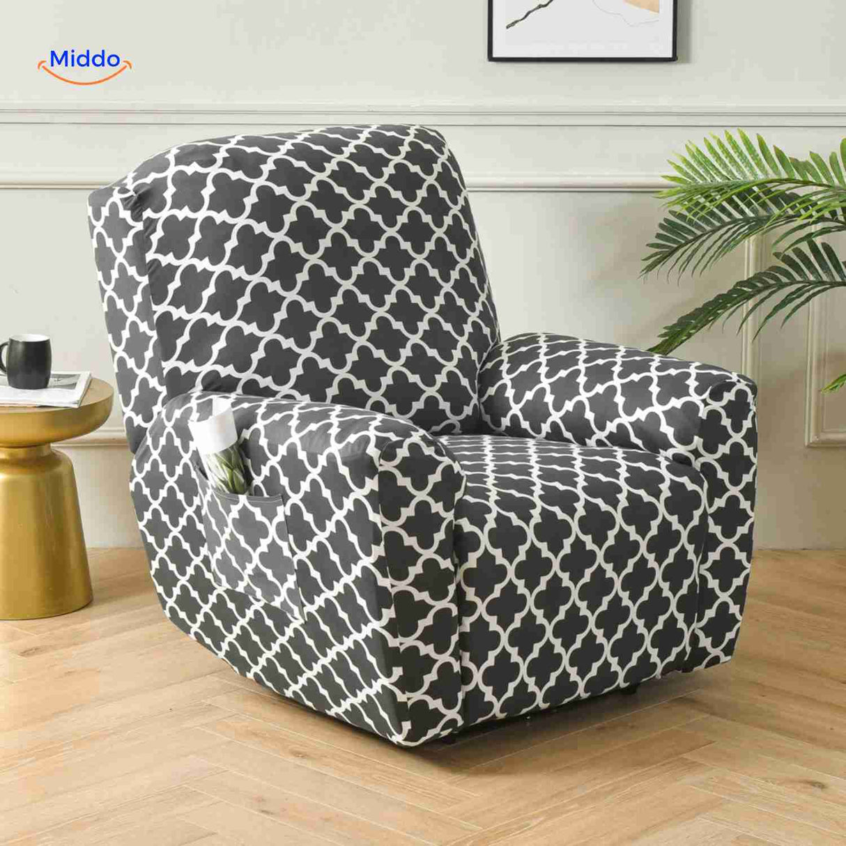 Reclinex stretch recliner cover in black and white Moroccan pattern.