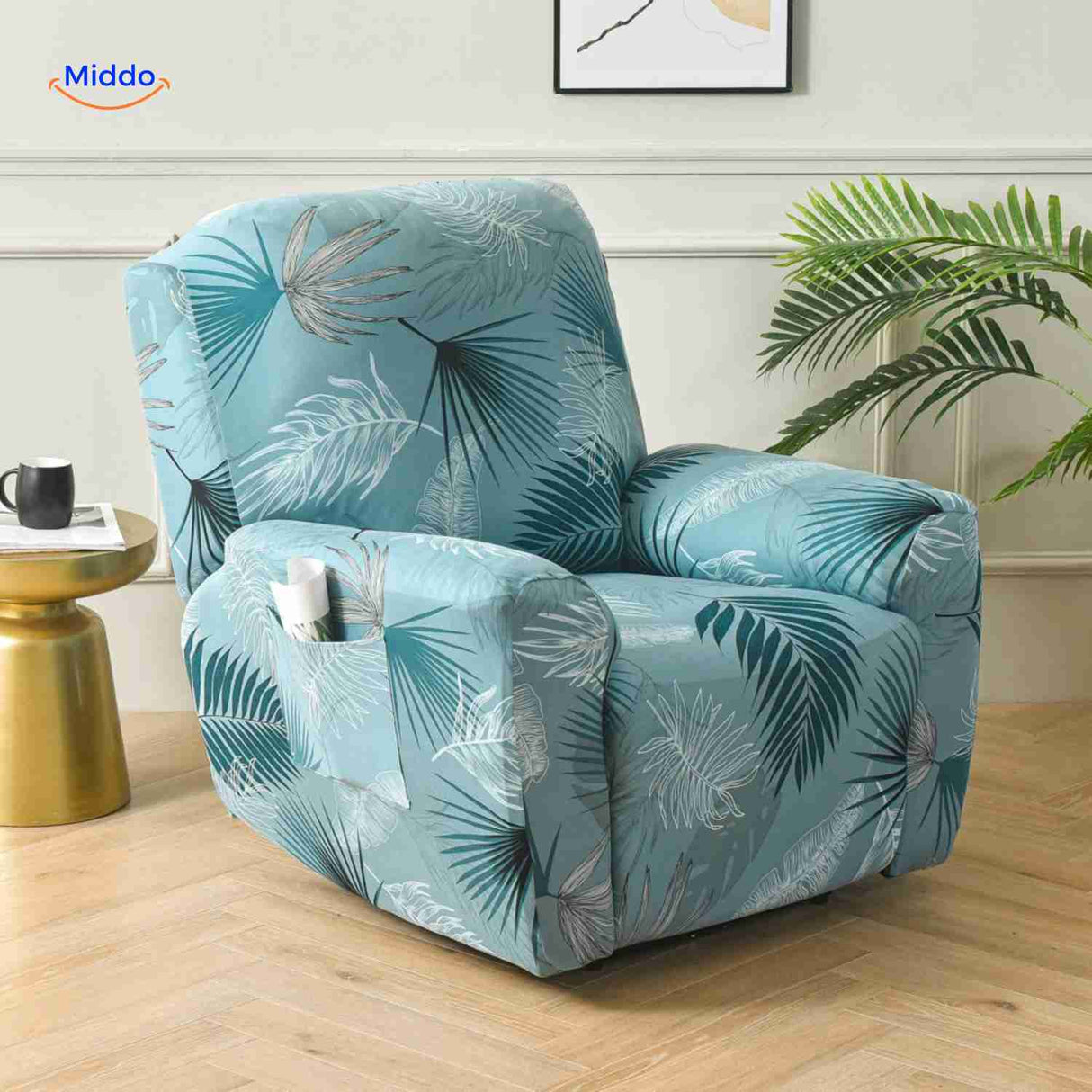 Reclinex stretch recliner cover in blue with tropical leaf design.