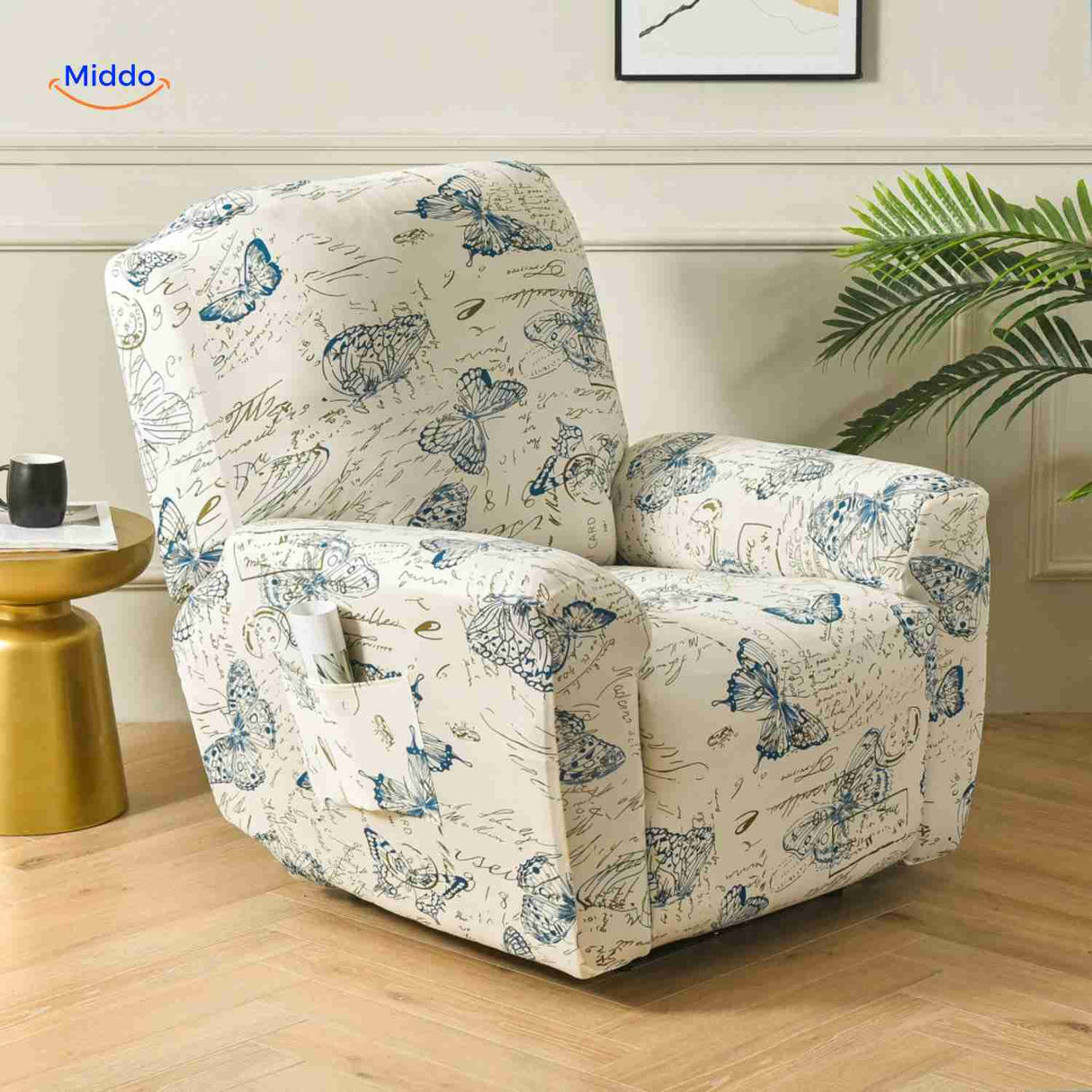 Reclinex recliner cover in cream with blue butterflies and script print.