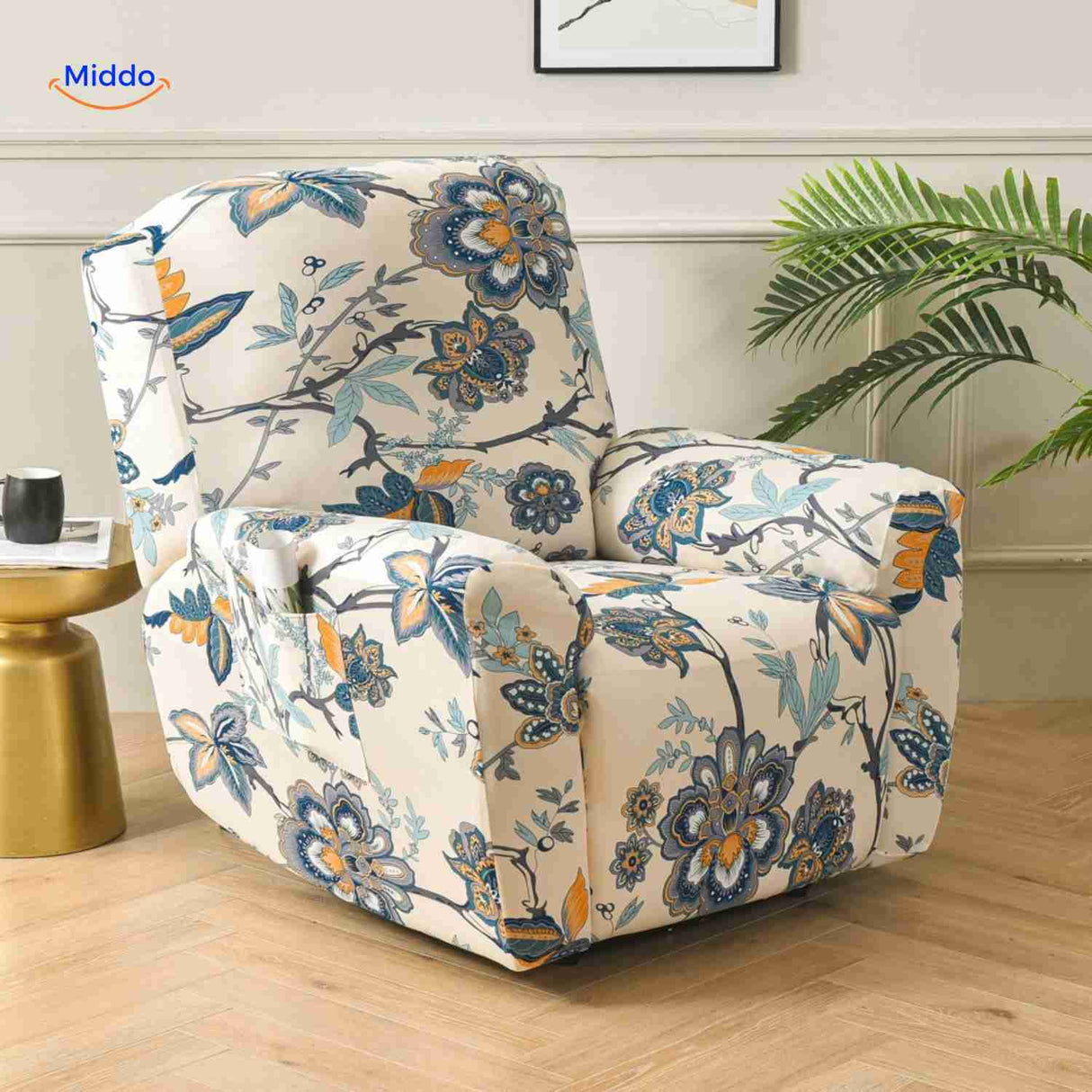 Reclinex stretch recliner cover in cream with stylish flower print.