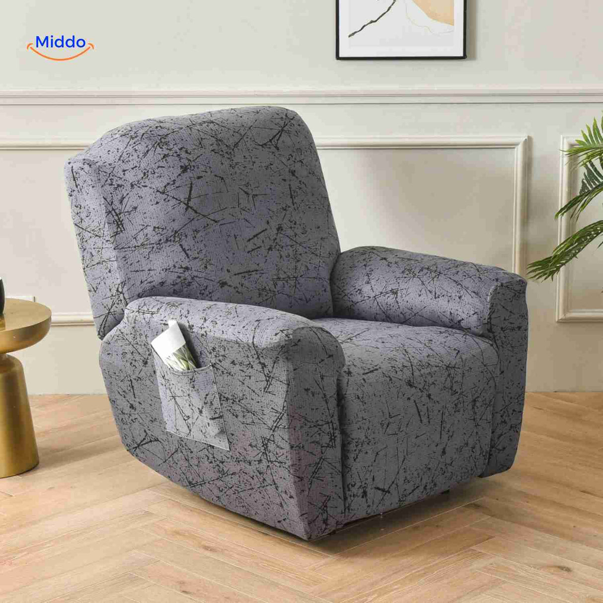Reclinex recliner cover in gray with black splatter pattern modern design.