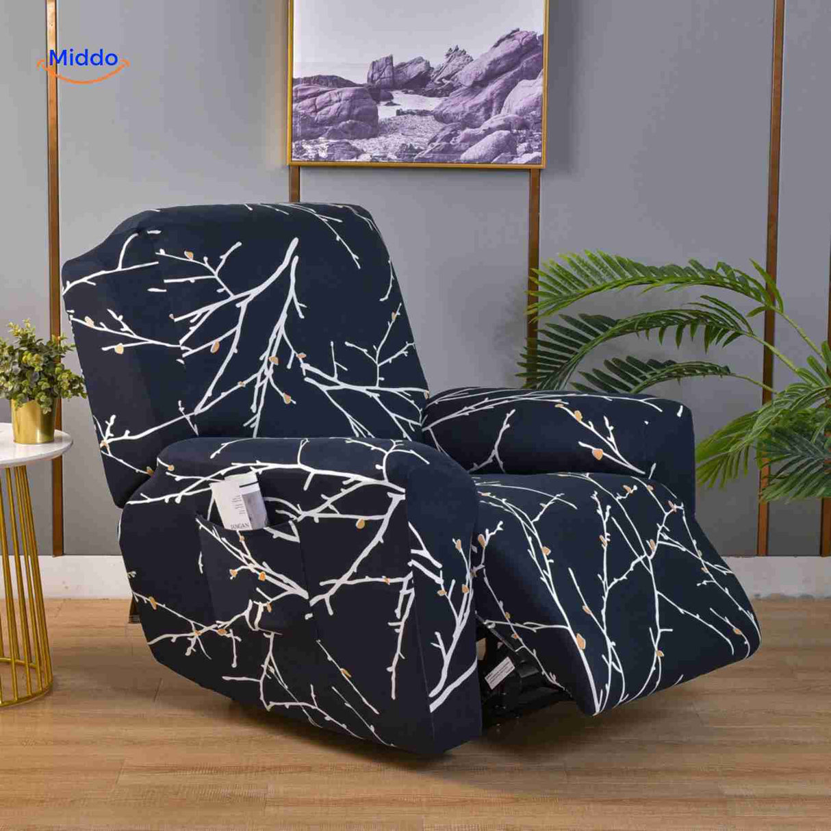 Reclinex recliner cover in dark blue with white branches modern botanical.