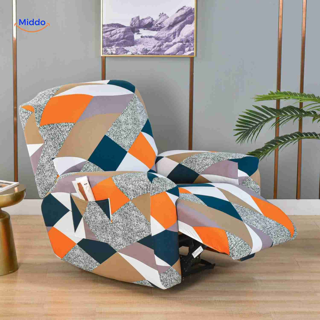 Reclinex recliner cover in orange and blue diamond texture pattern.
