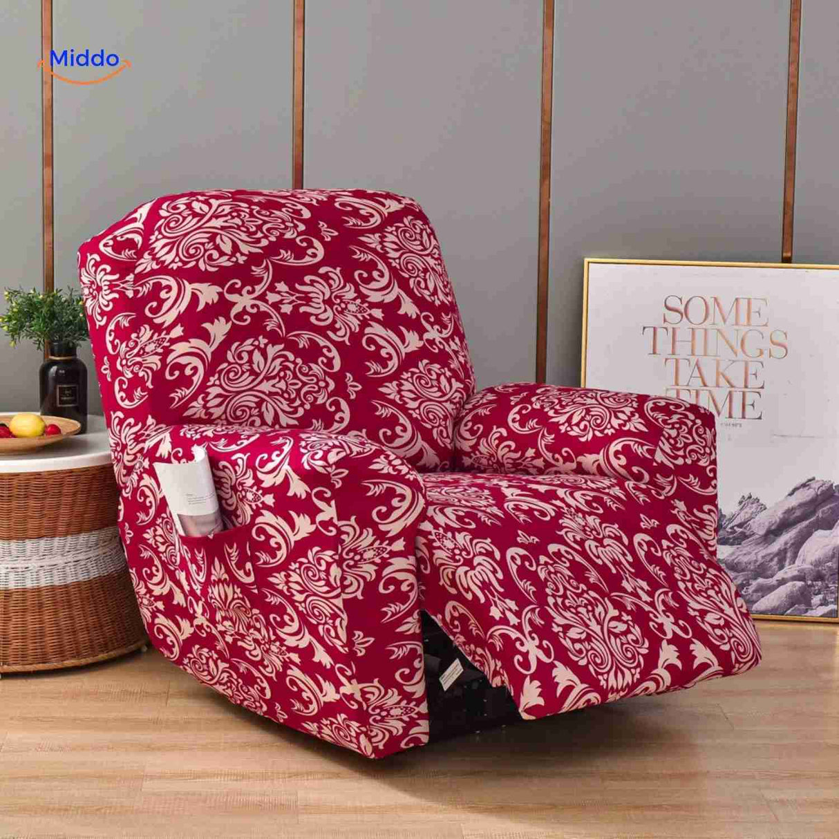 Reclinex recliner cover in red with classic baroque pattern styling.