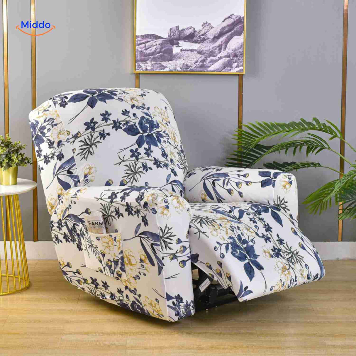 Reclinex recliner cover in white with blue and yellow flowers modern.