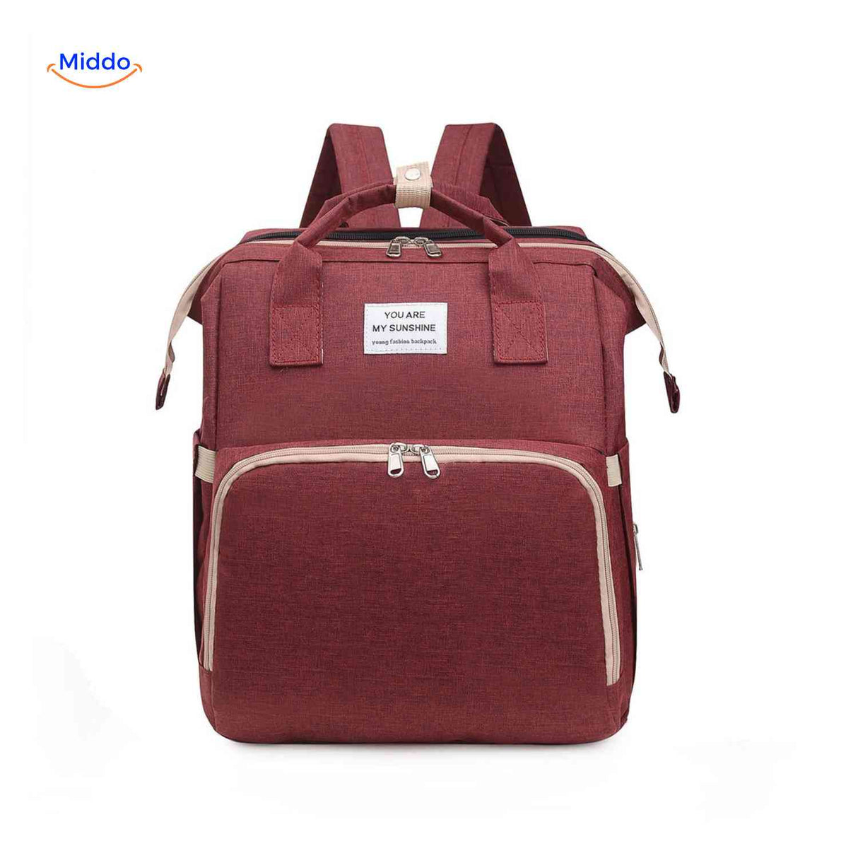 Red elegant diaper backpack with expansive storage capacity and organization.
