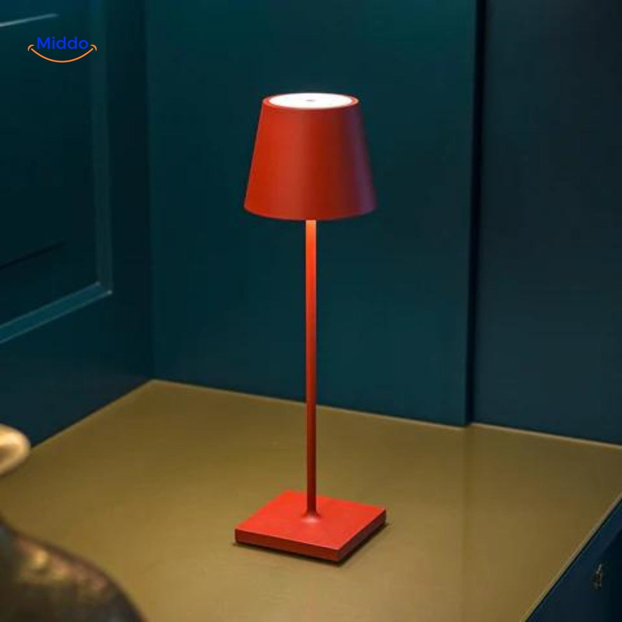 Red dimmable LED lamp with modern minimalist architectural design.