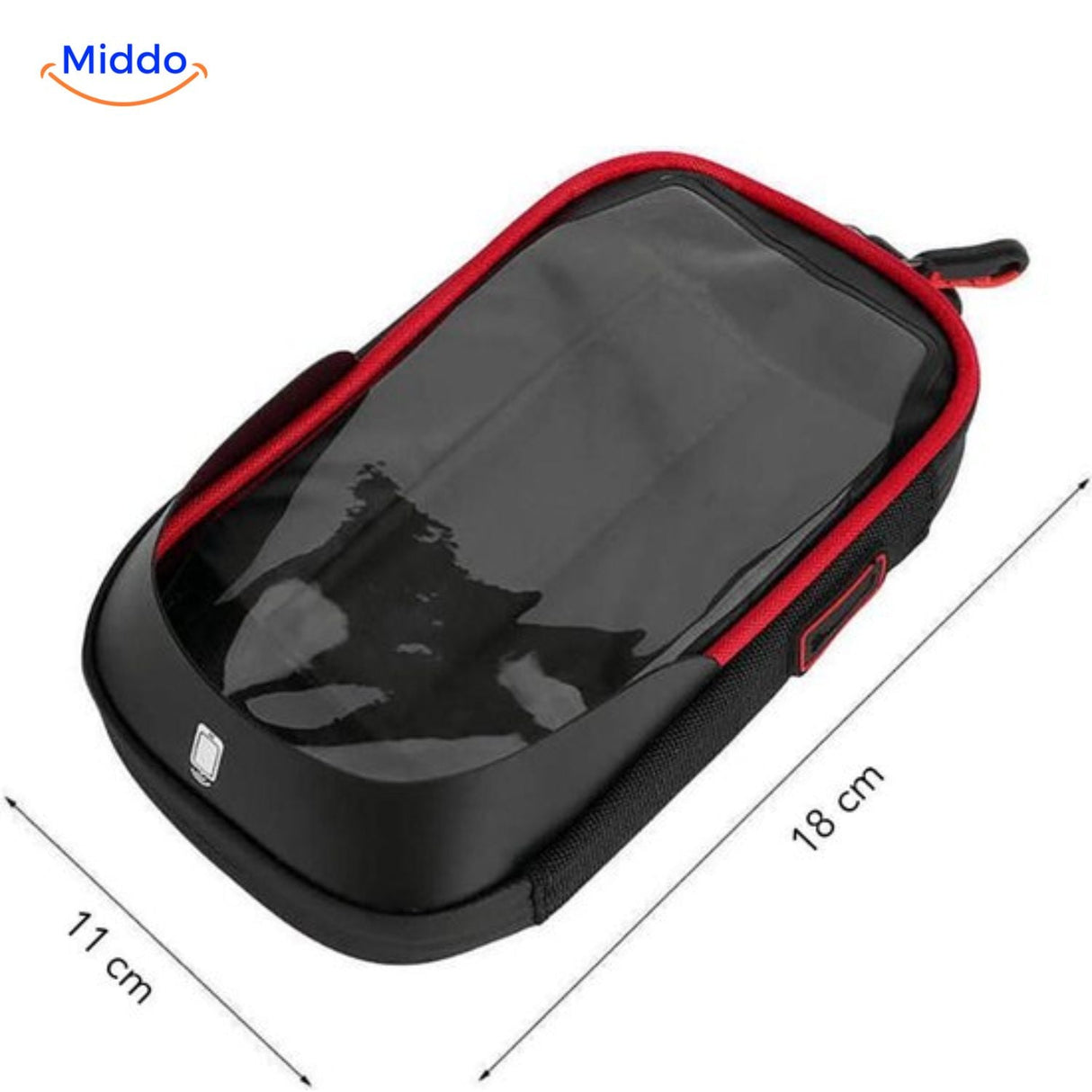 Red waterproof motorcycle mount with detailed dimension specifications and size guide.