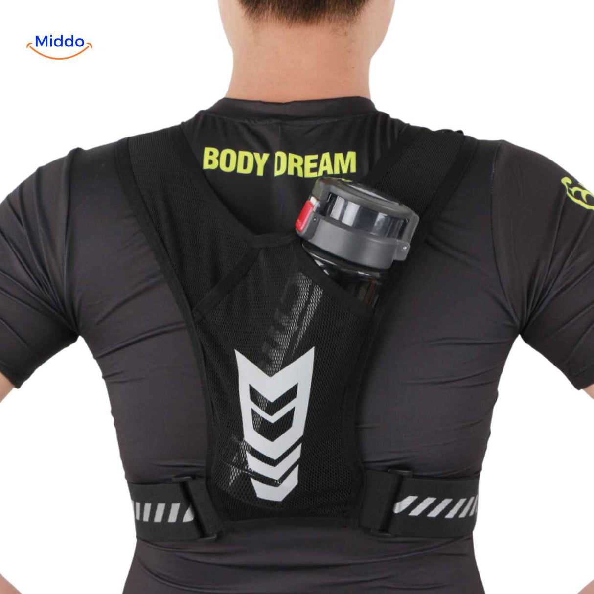 Back view of reflective running vest showing reflective logo and water bottle holder compartment.