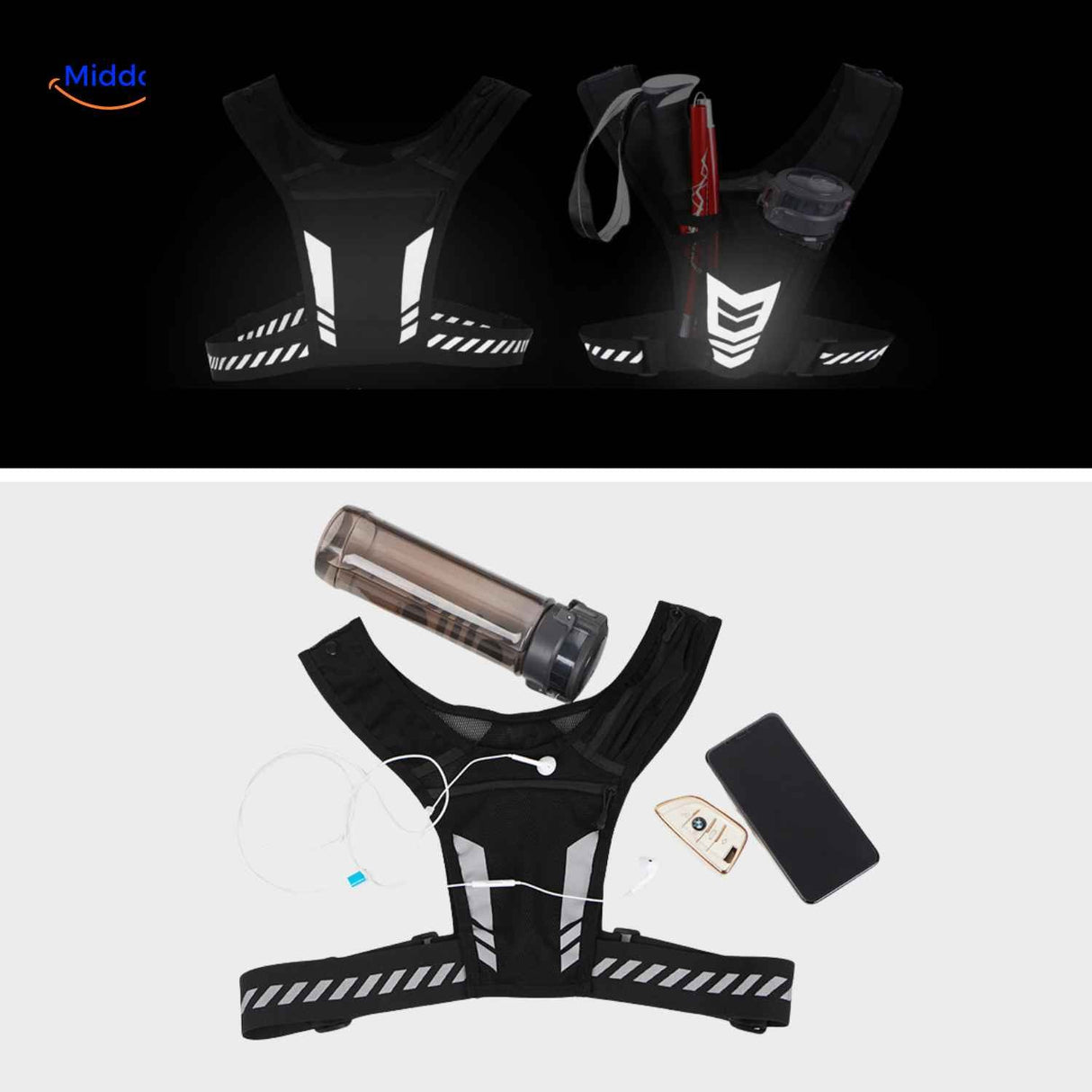 Reflective running vest styled with accessories and gadgets, showing practical storage capabilities.