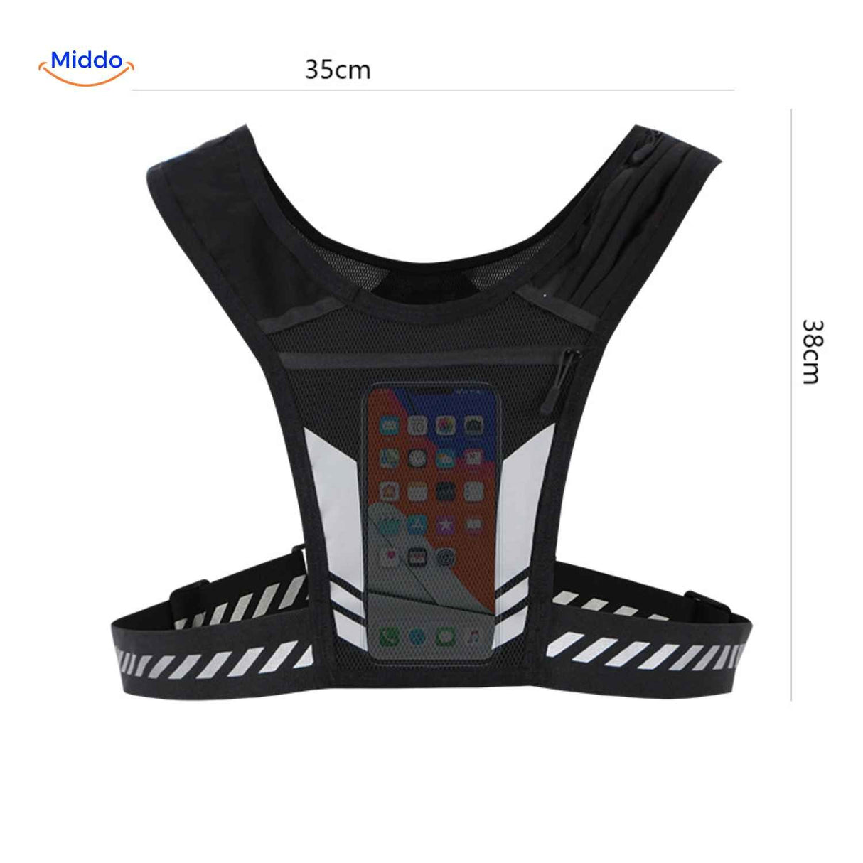 Reflective running vest size reference display (35x38cm) showing complete product dimensions and fit.