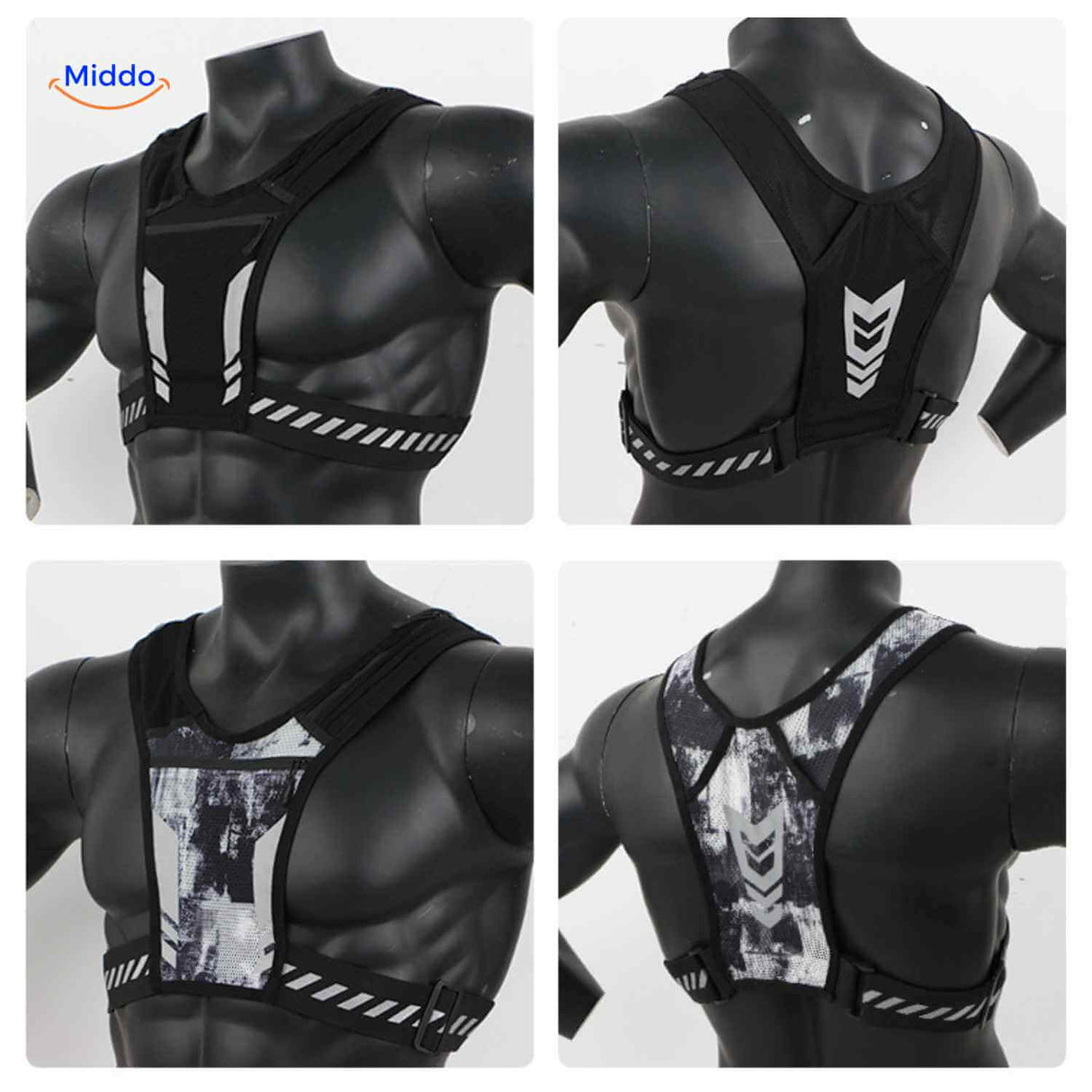 Multiple design variations and back styles of reflective running vest with different pattern options.