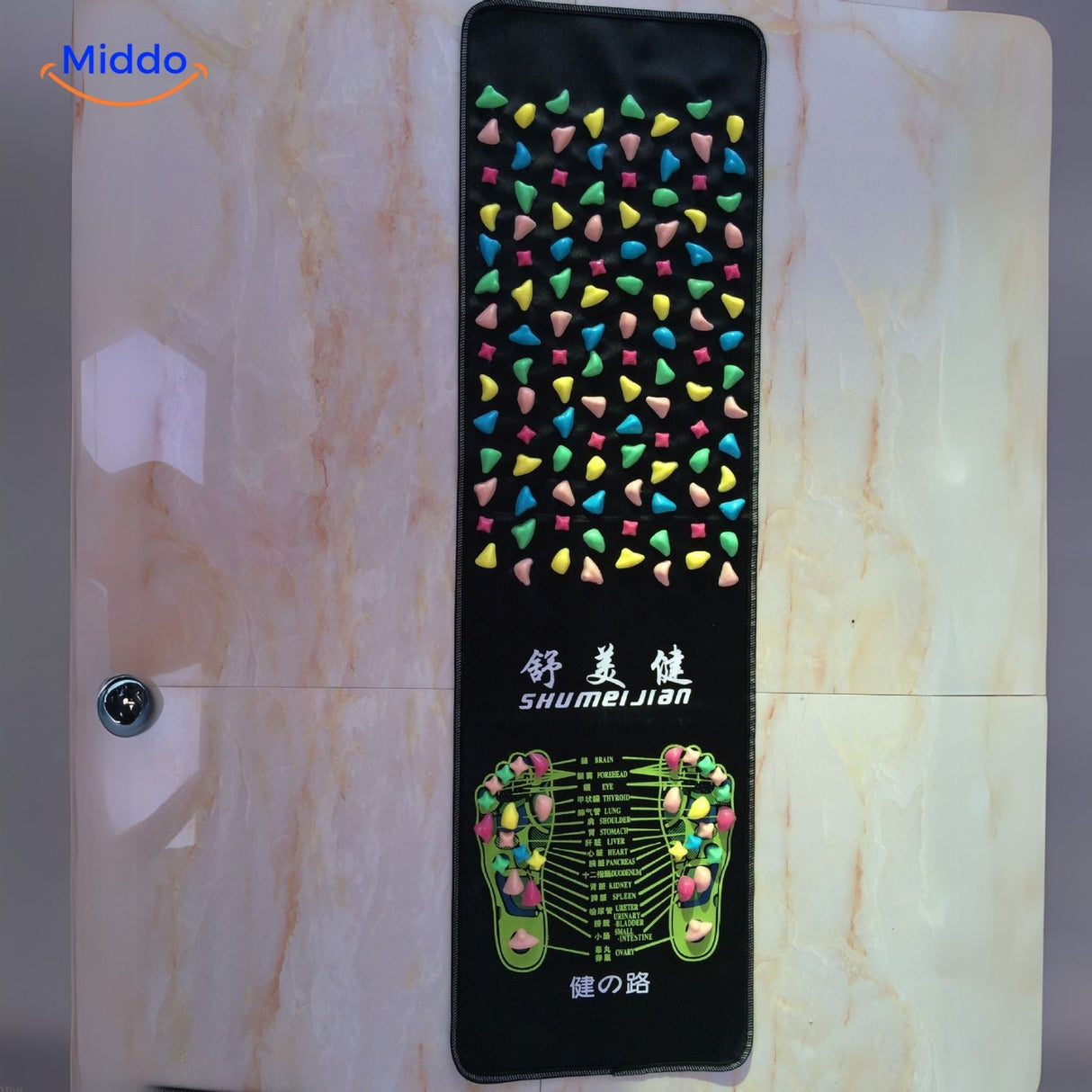 ReflexoStep mat with feet demonstrating acupressure stimulation therapy.