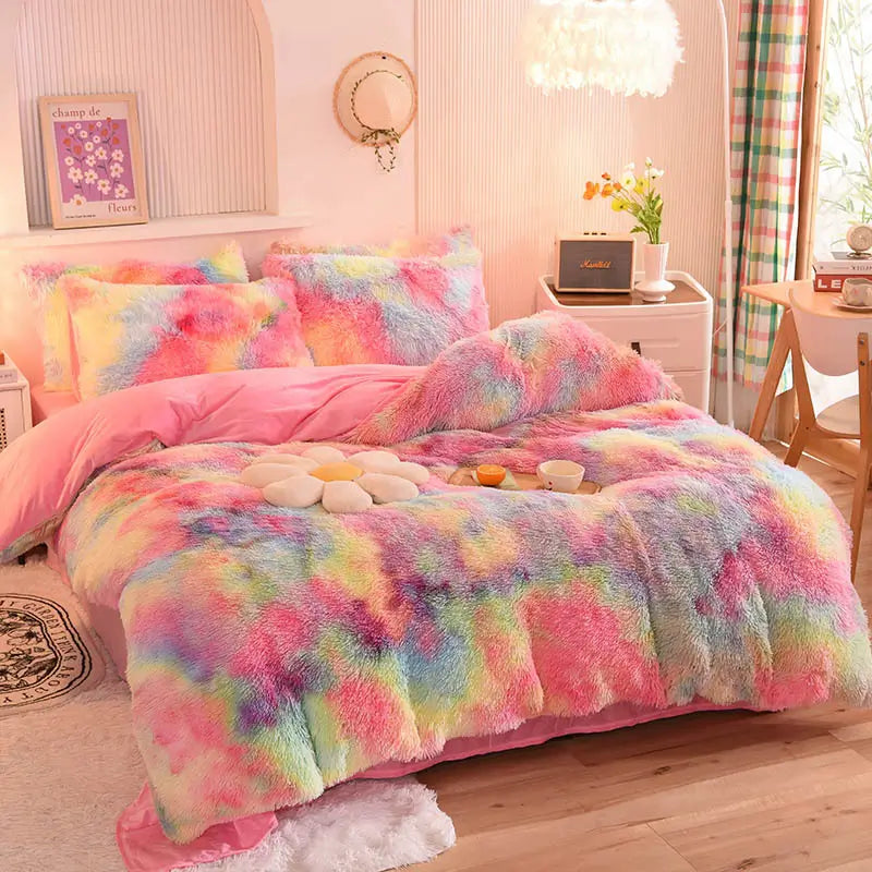 Teddy Fluffy fleece bedding set in Rainbow Tie-Dye