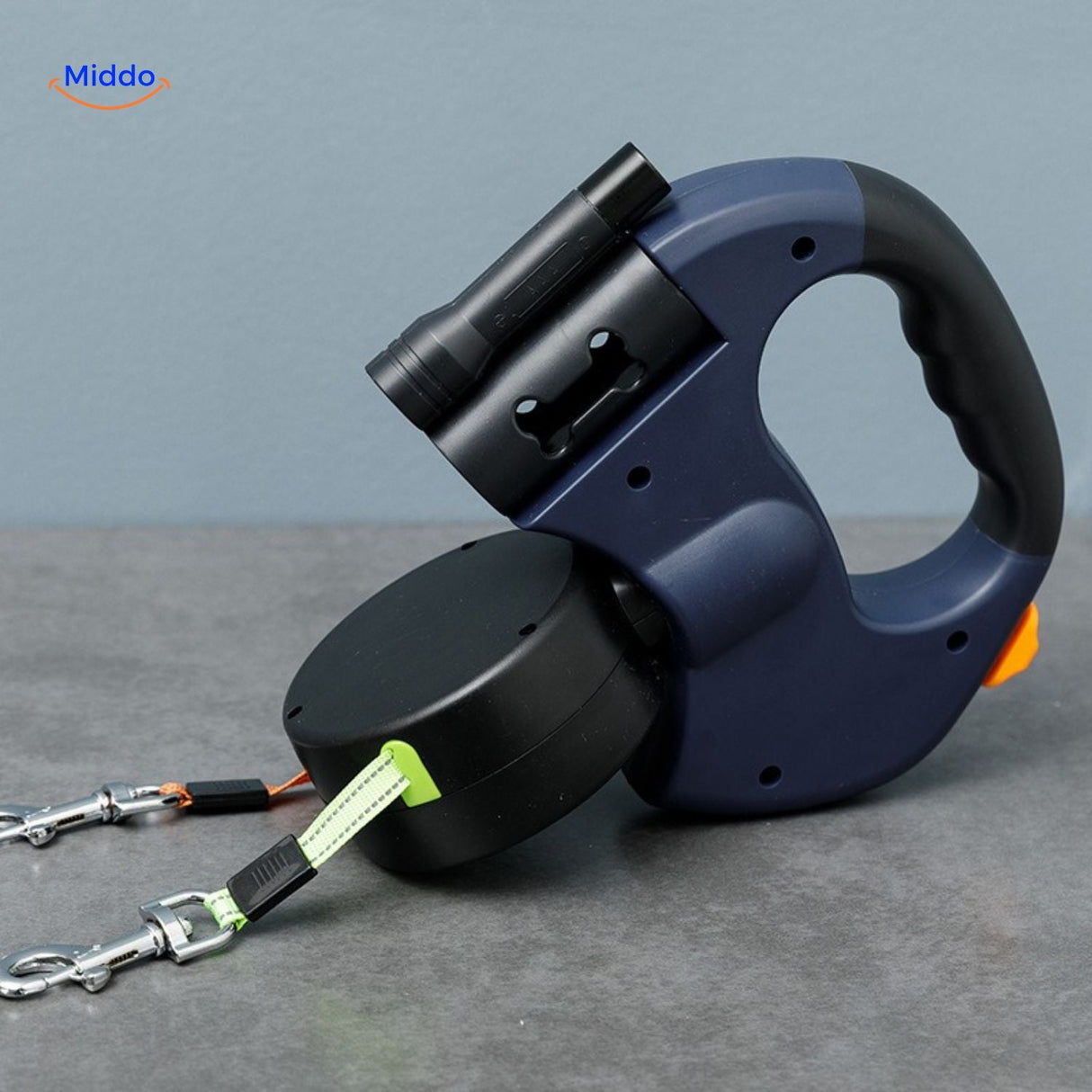 Close-up detail of retractable dog leash on neutral background.
