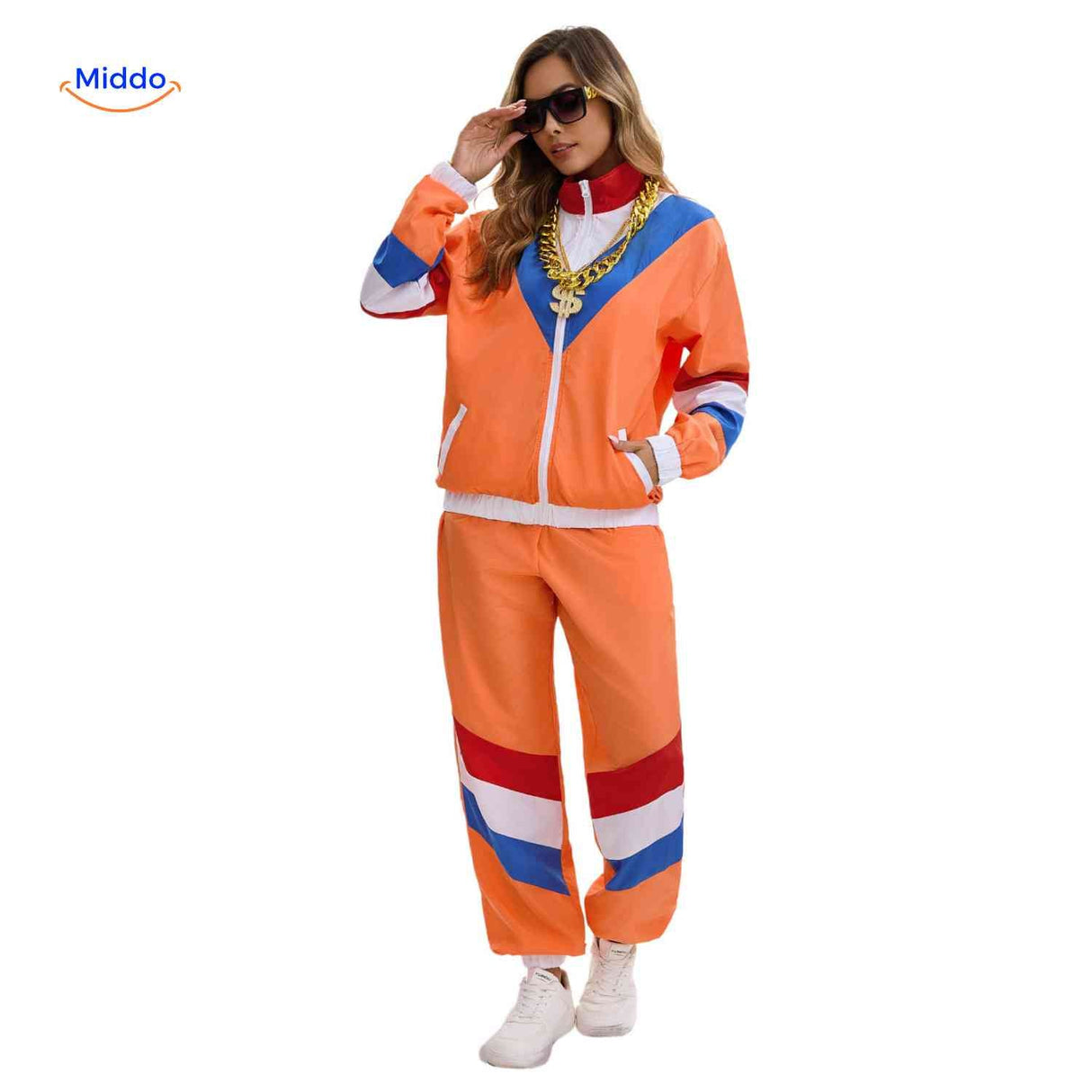 Retro tracksuit with full-length zipper jacket, casual style.