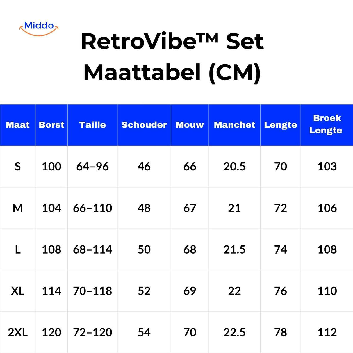Retro tracksuit size chart with measurements in centimeters.