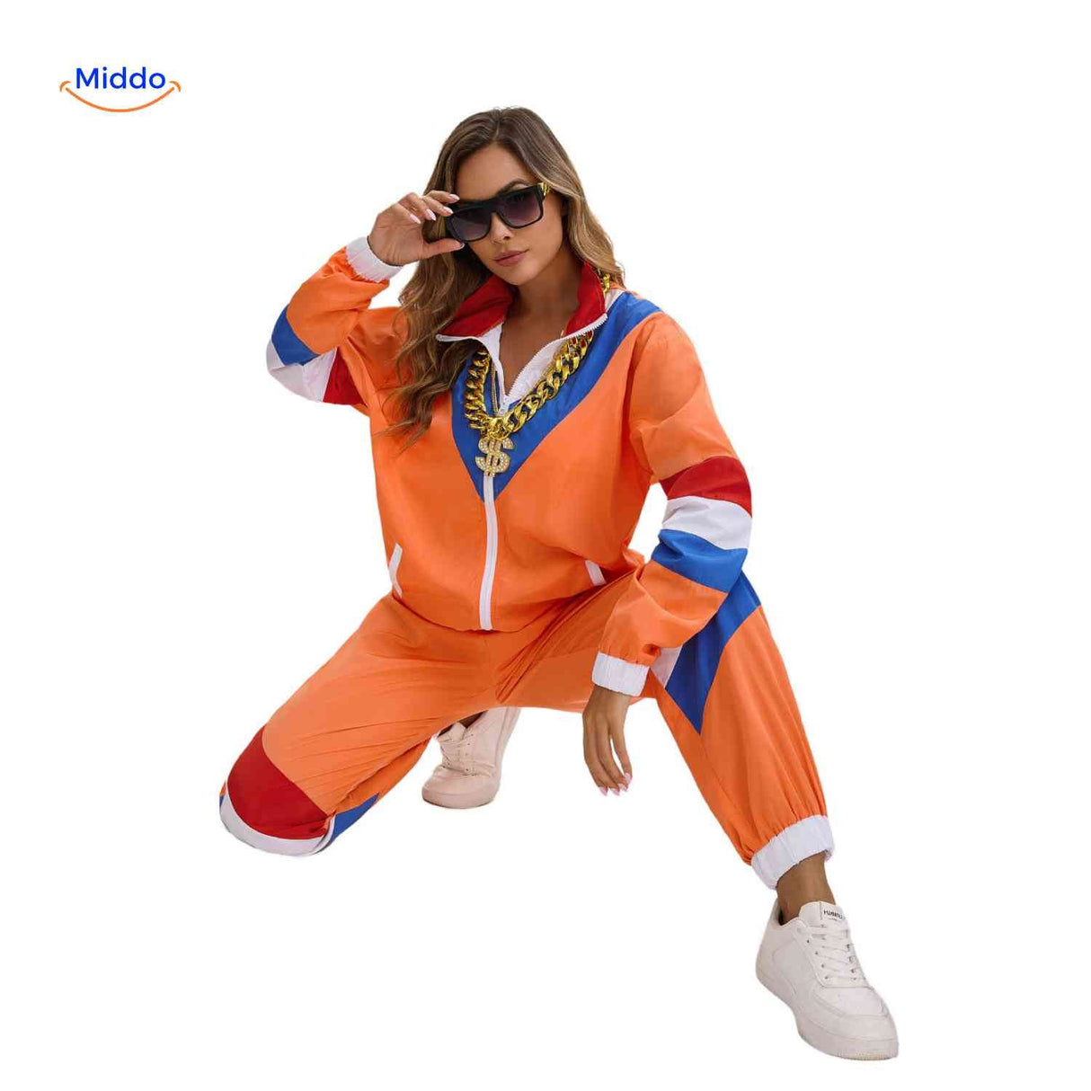 Retro tracksuit with full zipper closure on jacket.