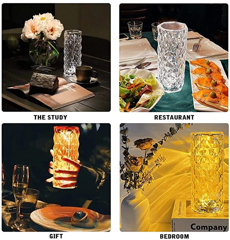 Crystal table lamp emitting warm white ambient light for home